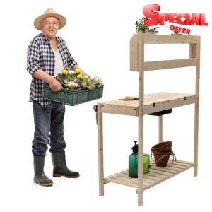 BEJOY Garden Potting Table Wooden Potting Planting Table Practical Working Decorative Bench Garden Potting Benches Wooden Shelf