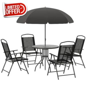 Outsunny 6 PCs Garden Patio Furniture Set Bistro Set Texteline Folding Chairs +Table +Parasol (Black)