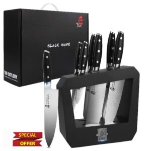 TUO Kitchen Knife Set with Wooden Block Knife Block Sets 7 Piece Professional Chef Knife Set German High Carbon Stainless Steel Kitchen Knife Set-Black Hawk Series