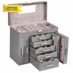 ANWBROAD Huge Jewellery Organiser Box 6 Tier 40 Necklace Hooks Display Storage Case with Lock Mirror Jewellery Box Earrings Rings Necklaces Bracelets Gift Jewellery Box Faux Leather JJB018H