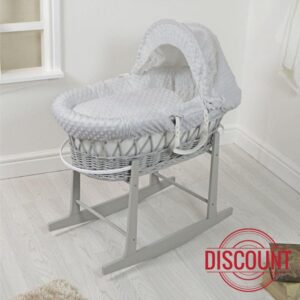 SOHOBABY ™ British Made Grey Wicker Moses Basket With Grey Popcorn Dressing. Rocking Stand Included