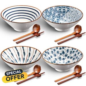 Ceramic Ramen Bowl Set of 4 40 Ounce Japanese Large Ramen Bowls with Chopsticks and Spoons and Racks Ceramic Ramen Asian Soup Bowl Stand for Udon Soba Pho Asian Noodles Soup Ramen Salad Pasta