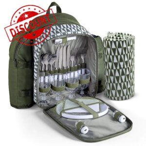 VonShef 4 Person Picnic Backpack with Blanket – Green Geo Print Picnic Rucksack & Mat - Green & White Weatherproof Picnic Bag & Rug - Cooler Bag w/ Dining Set & Cooling Compartment