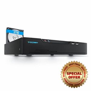 VEEZOOM 4K PoE NVR 8 Channels Security 8MP PoE Network Video Recorder System 8CH with 2TB Hard Drive Supports 8MP/5MP/4MP/3MP/2MP PoE IP Cameras Surveillance Recording 24x7