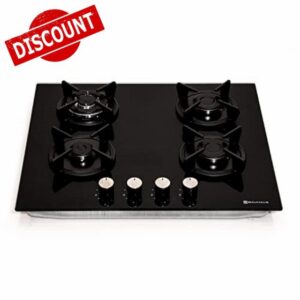 Bauhaus – Black Glass Hob Cooker | 4 Burners Gas Cooker | Black Glass Surface | LPG or NG Adjustable | Four Ring Kitchen Stove | Cooktop Gas Cookers | 515x590 mm