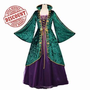 Women Medieval Witch Cosplay Costume Dress Green Witch Robe Dress Halloween Carnival Costumes