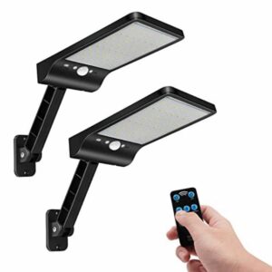Aqonsie 48 Led Remote Solar Lights Outdoor 180° Adjustable Angle Security Night Light Wireless Motion Sensor Remote Control & 3 Lighting Modes with Mounting Rod for Courtyard Deck Road Home 2 Pack