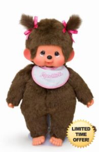 Sekiguchi 255530 Original Monchhichi Girl Plush Toy with White / Pink Bib and Braids with Bows Approx. 45 cm Large Brown Plush