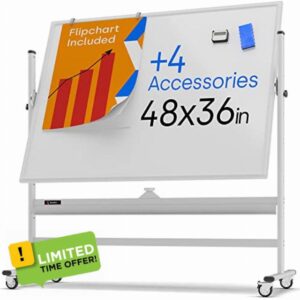 Rolling Magnetic Whiteboard 1200x900mm - Large Portable Dry Erase Board with Stand - Double Sided Easel Style Whiteboard with Wheels - Mobile Standing Whiteboard for Office