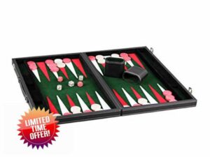 Chessgammon BACKGAMMON SET LEATHER BLACK AND INLAID MALACHITE GREEN