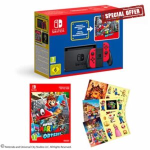 Nintendo Switch (Red) + Super Mario Odyssey Download Code + The Super Mario Bros. Movie Stickers