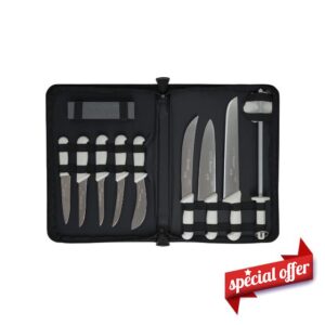 Starrett Professional Butchers Knife Set - 11 Pieces Stainless Steel White Ergonomic Handles Kitchen Chef Knife - Includes Boning Skinning Steak Knives Protector Stone