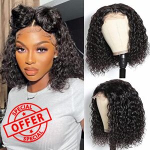 Zealady 4x4 Bob Wig Human Hair Lace Front Wigs For Women Human Hair Short Curly Wig Brazilian Hair Bob Wig Human Hair 12 Inch 180% Density Natural Black Middle Pa