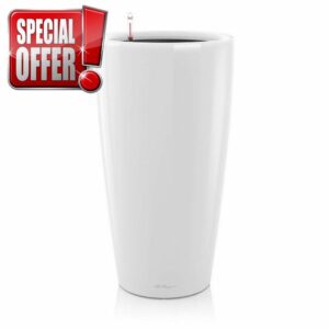 LECHUZA RONDO 32 Self Watering Planter Large Garden Flower Plant Pot Indoor/Outdoor Floor Planter with Drainage Hole and Plant Substrate Poly Resin D32 H56 cm White High-Gloss