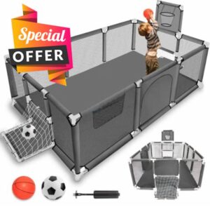 Baby Playpen + Football and Basketball – Folding Baby Playpen 180 x 120 x 60 cm – Baby Playpen with Breathable Mesh – Activity Centre Gym Park Baby Co