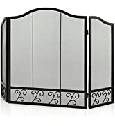 GiantexUK Wrought Iron Fireplace Screen, Freestanding Spark Guard with Triangle Base, Mesh Safety...