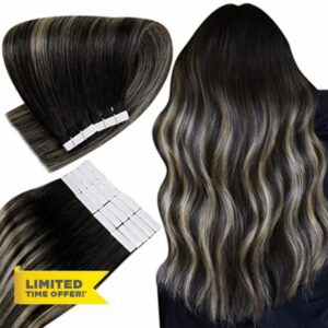 Easyouth Hair Extensions Tape in Real Hair Tape in Extensions Balayage Black to Honey Blonde Tape in Human Hair Extensions Ombre Black Remy Hair 22 Inch 50g 20Pcs