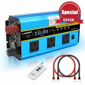 LVYUAN 2500W /5000W Pure Sine Wave Power Inverter DC 12V to AC 230V/240V Converter with LCD & Wireless Remote Controller & 3 AC Sockets & 4 USB Ports & 4 Convection Fans