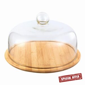 BESPORTBLE Glass Dome with Wooden Base Cake Stand Display Dome Cloche Clear Glass Bell Jar Cover Wood Cake Display Tray for Dessert Cheese Candy Plants Succulents (L)