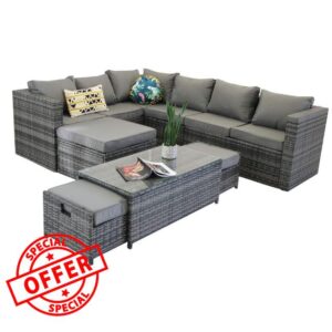 YAKOE Vancouver 9 Seater Corner Rattan Garden Set in Grey