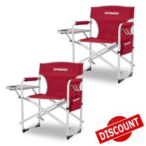 FUNDANGO Directors Chairs Folding Set of 2 Large Camping Chairs with Side Table Cup Holder Aluminum Lightweight Camp Chair for Outdoor Garden Beach Red