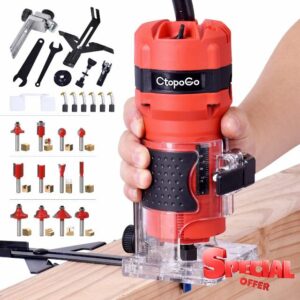 CtopoGo Compact Wood Palm Router Tool Hand Edge Trimmer Woodworking Joiner Cutting Palmming Tool 30000R/MIN 800W 220V with 12PCS 1/4" Router Bits