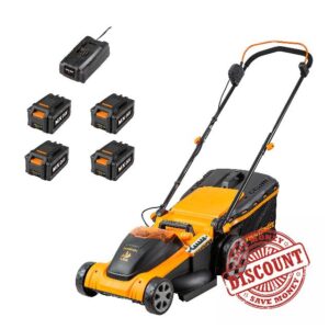 LawnMaster 48V 41cm Cordless Lawnmower with Spare MX 24V 4.0 Ah Batteries and 2x Fast Chargers - with Edging Comb