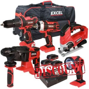 Excel 18V 5 Piece Power Tool Kit with 3 x 2.0Ah Batteries & Charger EXL5229 - Combo Kit - 18V Cordless Power Tool Kits - Mega Power Tool - Power Tool Se