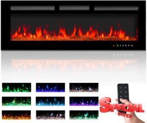 M.C.Haus Electric Fireplace Touch Screen Glass Panel Colorful Flame Insert Wall Mounted Heater Remote Control with Crystal&Log Set