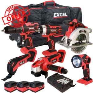 Excel 18V 6 Piece Power Tool Kit with 3 x 5.0Ah Batteries & Charger EXL10197 - Combo Kit - Monster Power Tool Kit - 18V Cordless Power Tool Kits - Mega Power Tool - 6 Piece Tool Ki
