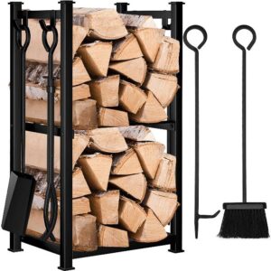 Amagabeli Fireplace Log Rack with 4 Tools 28.3”x15.8”x11.7” Indoor Fireside Companion Set Outdoor Log Holder for Wood Burner Wrought Iron Log Storage Tool Set Wood Stove Fireplace Accessories