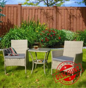 GardenCo 2 Seat Rattan Weave Bistro Set with High Glass Top Table and Two Chairs - Outdoor Furniture for House
