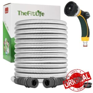 TheFitLife Metal Garden Hose Pipe - Flexible Stainless Steel Water Hose with Solid Fittings and Sprayer Nozzle - Leak Proof Kink Free