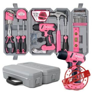 Hi-Spec 57pc Pink 8V USB Electric Drill Driver & Household Tool Kit Set. DIY Cordless Power Screwdrive