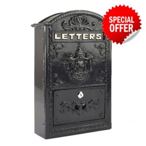 Safes uk Old Regency Elegant Large Metal Post Box Wall mounted with Lockable Water and Weather and Rust Resistant Solid Steel Construction Durable with Key Lock Parcel Delivery Mailbox (Black)