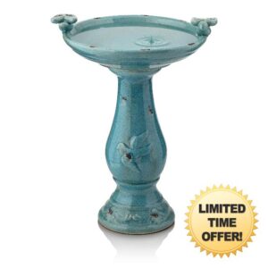 Alpine Corporation 61 cm Tall Outdoor Ceramic Antique Pedestal Birdbath with 2 Bird Figurines