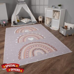 Paco Home Nursery Area Rug Kids Rug For Bedroom Girls Boys Non-slip Rainbow Heart Dots