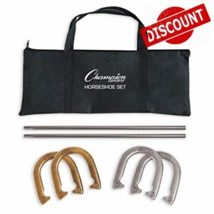 Champion Sports Horseshoe Set: Traditional Outdoor Lawn Game includes Four Professional Solid Steel Horseshoes with Solid Steel Stakes & Carrying Storage Case
