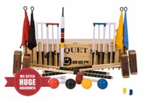 Championship Croquet Set with Wooden Box - Contains 2 sizes of rosewood mallet; 2 x 34” and 2 x 38.” The set also includes 4 16oz composite balls