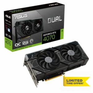 ASUS Dual GeForce RTX™ 4070 OC Edition 12GB GDDR6X with two powerful Axial-tech fans and a 2.56-slot design for broad compatibility