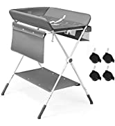 GYMAX Foldable Baby Changing Table, Rolling Infant Care Station with Storage Basket and Rack, New...