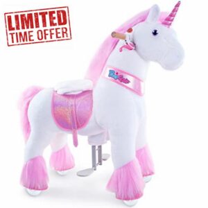 PonyCycle Official Authentic Unicorn Kids Ride on Toys Kids Scooters (with Brake and Sound/ 90cm Height/Size 4 for Age 4-8) Pony Cycle Ride on Pink Unicorn Plush Toy Stuffed Animal Toy Model Ux402