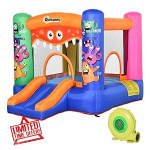 Outsunny 3-in-1 Kids Bouncy Castle with Slide Trampoline Basket