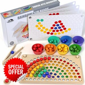 Baby wooden Learning Montessori toys - Wooden peg Puzzle board rainbow beads Toddlers Matching Stacking Counting Color Sorting Games for fine Motor Math skills boys and girls for 3 4 5 years Old