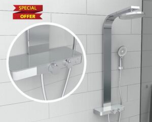 SCHÜTTE 60570 Samoa Rain Shower Panel with Thermostat Glass Shelf Shower System with Innovative Velvet Jet Technology Shower Set (Rain Shower with Wall Bracket