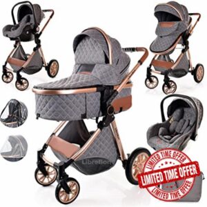 Baby Buggy Pram Pushchair Stroller 3 in 1 Child Lightweight Folding Stroller 3 in 1 Travel System Pram for Newborns & Toddlers 0-36 Months from Birth Aluminum (Grey - Rose Gold Frame)