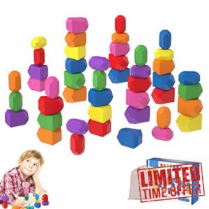 xiaozhenjida 52 Pcs Wooden Sorting Stacking Rocks Balancing Stones Wooden Building Blocks Toys Montessori Toys for 3 4 5 Year Old Kids and Toddlers Learning Sensory Toy