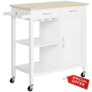 HOMCOM Kitchen Storage Trolley Cart Cupboard Rolling Wheels Shelves Cabinet Island W/Drawers Towel Rail Wine Glass Rack Pine Wood Worktop White