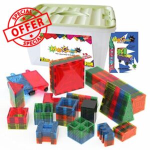 Mag-Genius building Magnet Tiles 3D Brain Building Blocks Set of 199 Pieces Includes 13 New Plastic Fun Clickins Includes 2 Cars And Free Storage Bi