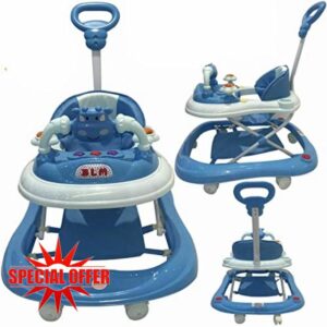 Baby Walker with Foldable Wheels - Baby Walkers for Boys and Girls - Baby sit in Walker Music Ride on Walk Along with Activity Toys with Handle - Walker for Babies 6 Months Plus (Blue)